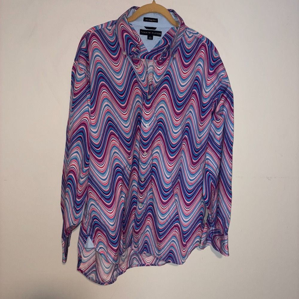 Tommy Hilfiger Wavy Stripe Print Button Down Shirt Mens Large Multicolor Y2K